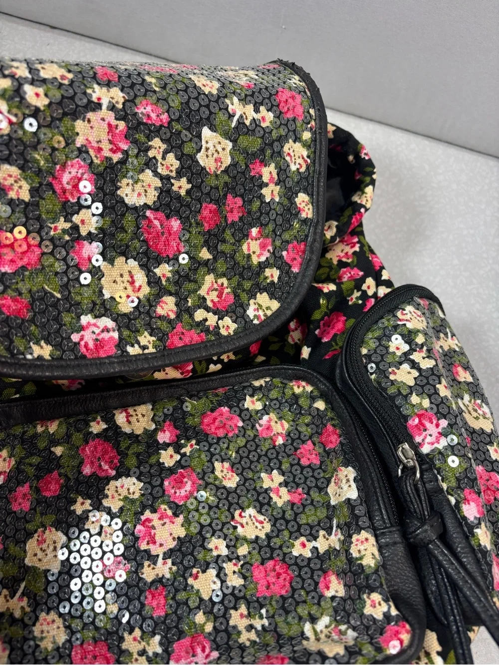 Candie's Black Floral Sequin Backpack with Pink & Cream Accents